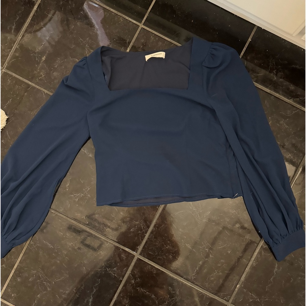 Commense Navy Blue Mesh Puff Sleeve Square Neck Top